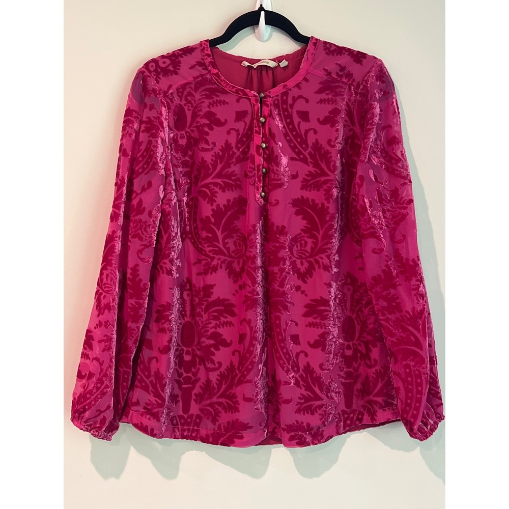 Soft Surroundings Boho Magenta Pink Velvet Burnout Damask Blouse Top Women's M